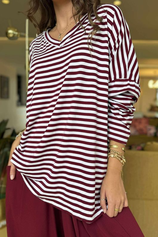 Made in Italy Perfect Breton V Long Sleeve Top Burgundy - **